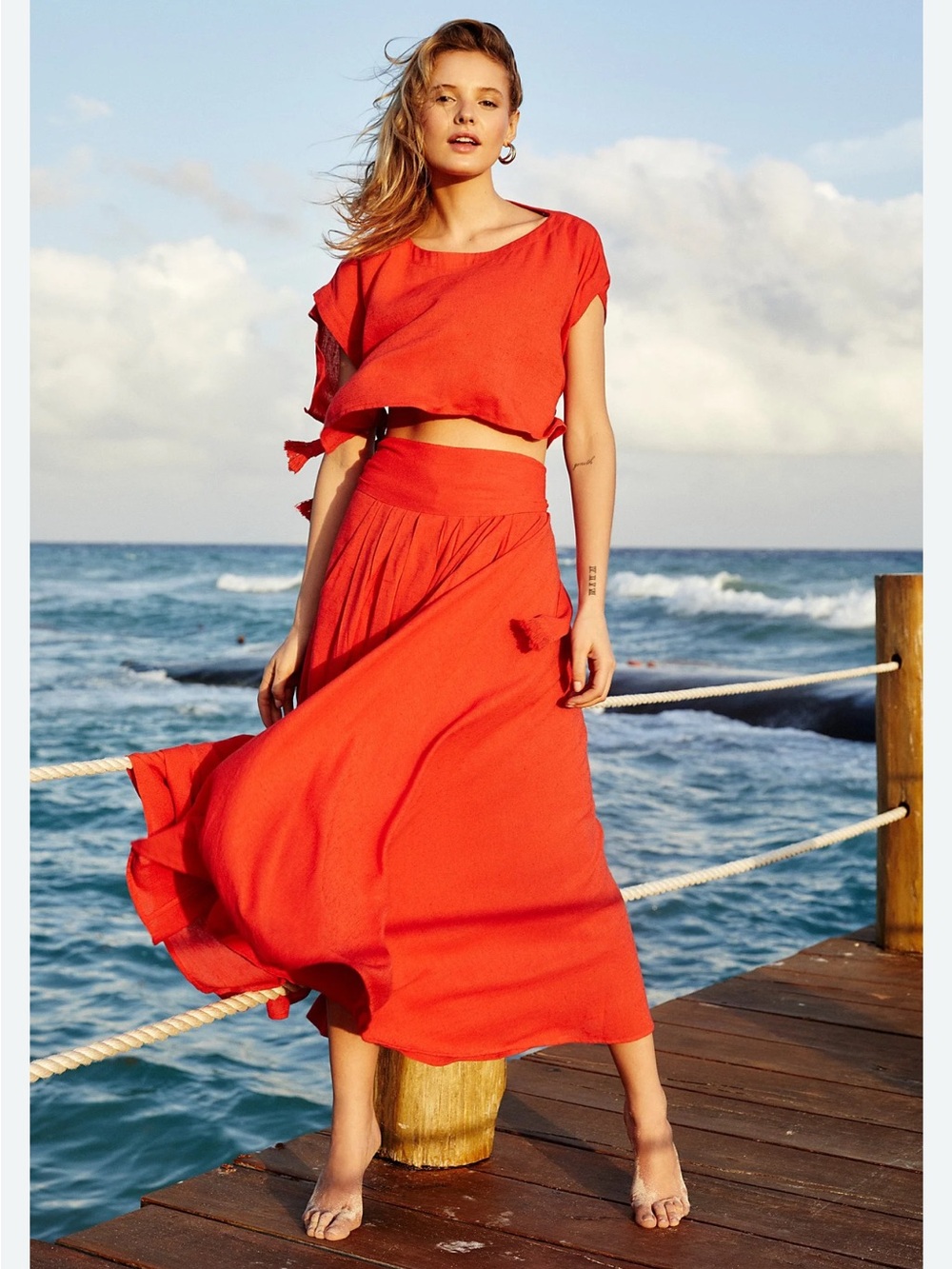 Free People Sundown Set Red Maxi Skirt and top. Flowy Summer Style